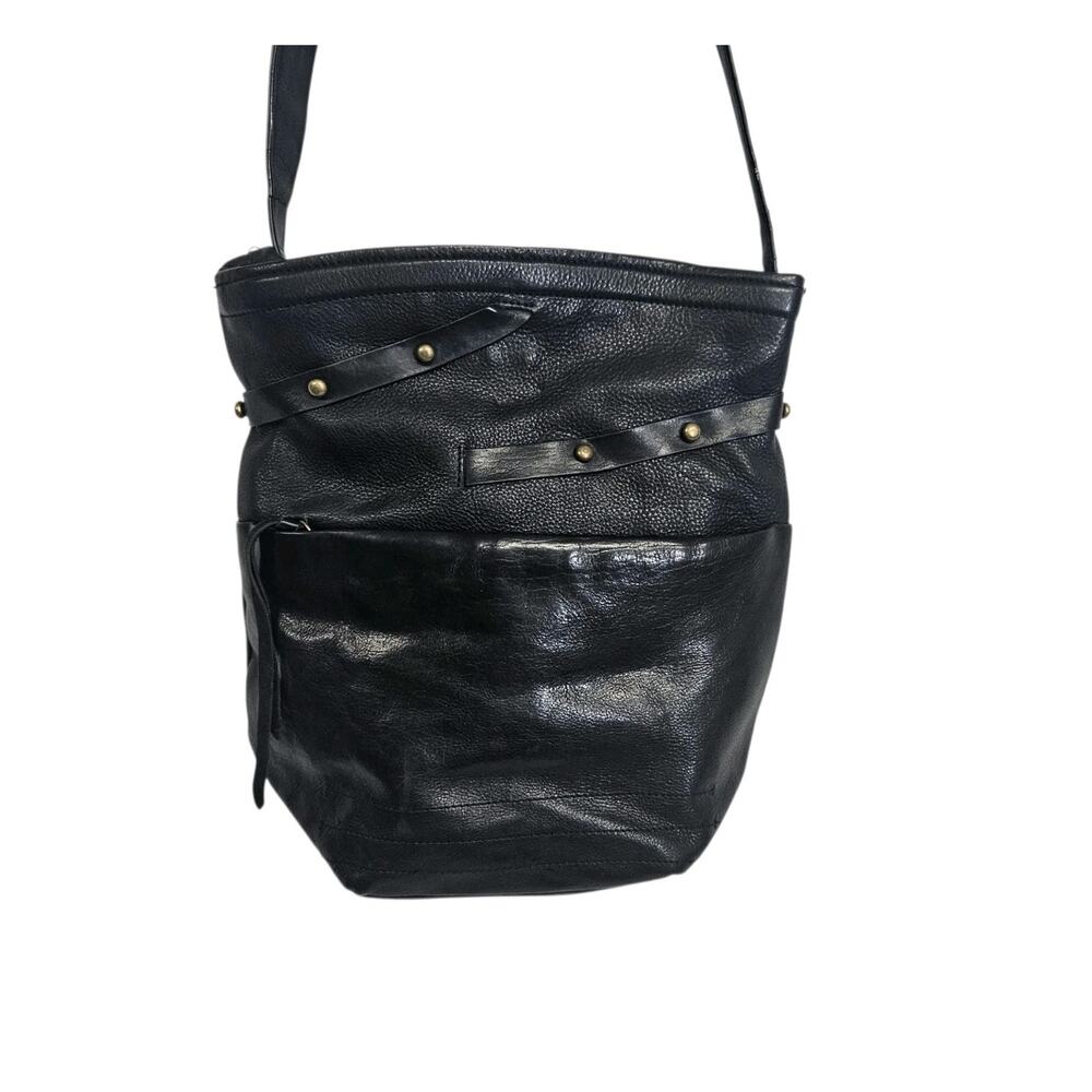 Kelsi Dagger Black Leather Stud Detail Hobo Bucket Crossbody Purse Bag